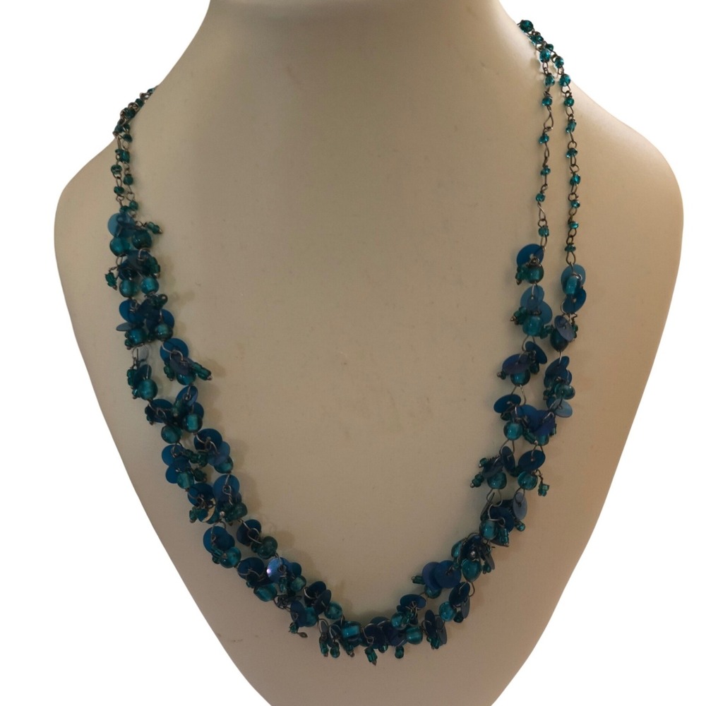 Teal Blue Multi Strand Beaded Sequin Statement Necklace Boho Layered Jewelry